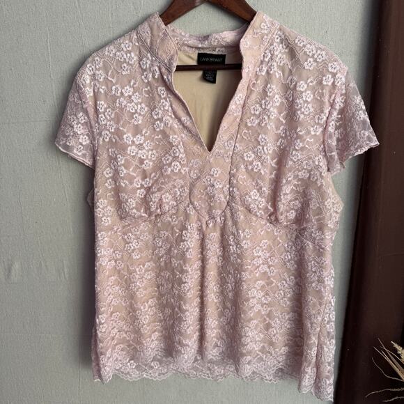 Lane Bryant Blouse Size 18 20 Pink Lace Overlay Layered Beige VNeck Short Sleeve - Picture 2 of 11